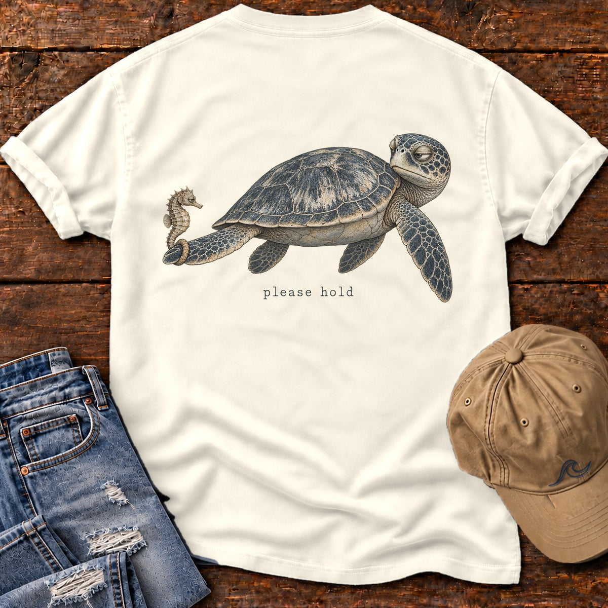 Please Hold Sea Turtle Back Design T-Shirt Comfort Colors in Ivory, Salty Paws Comfort Colors T-Shirt, back design flat lay