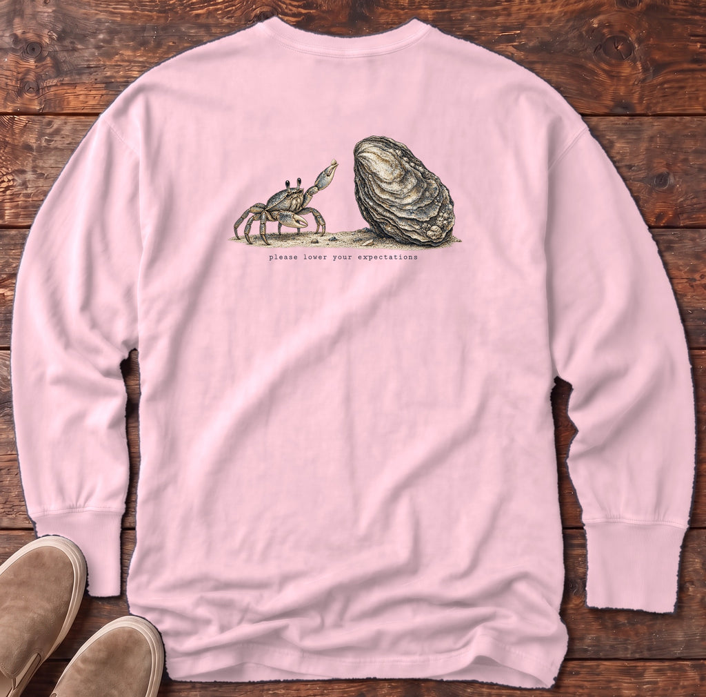 Please Lower Your Expectations Oyster Back Design Long Sleeve Tee Comfort Colors in Blossom, Salty Paws Comfort Colors Long Sleeve Tee, back design flat lay