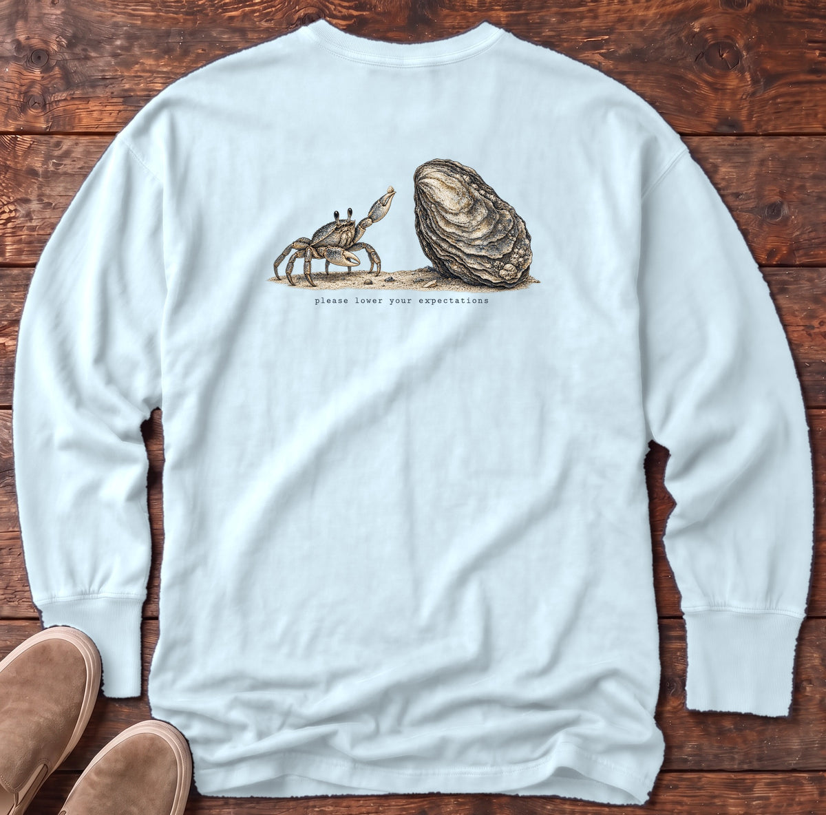 Please Lower Your Expectations Oyster Back Design Long Sleeve Tee Comfort Colors in Chambray, Salty Paws Comfort Colors Long Sleeve Tee, back design flat lay