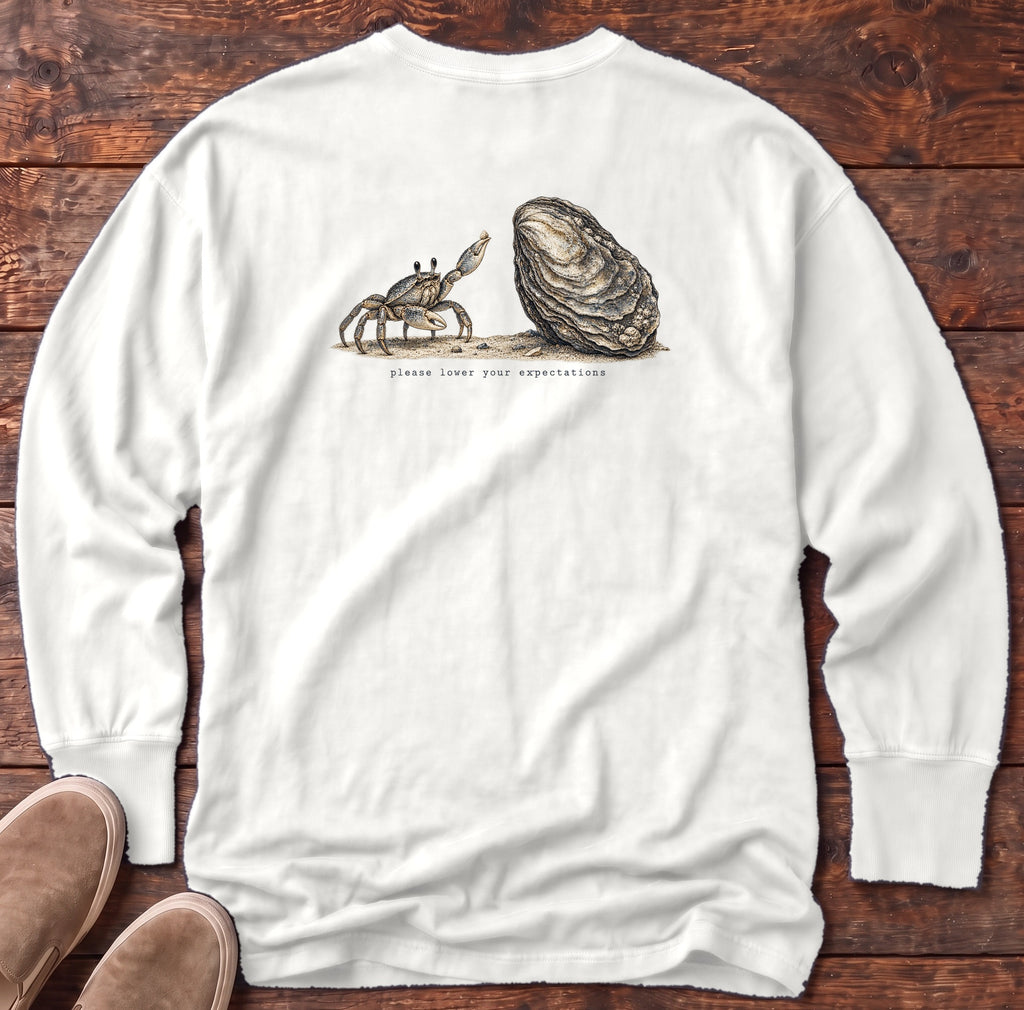 Please Lower Your Expectations Oyster Back Design Long Sleeve Tee Comfort Colors in White, Salty Paws Comfort Colors Long Sleeve Tee, back design flat lay