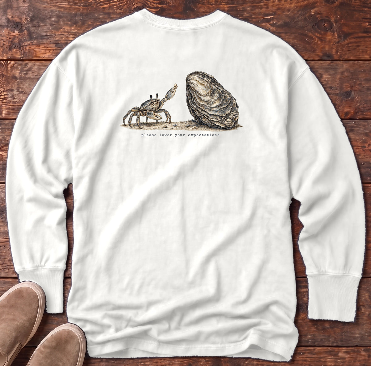 Please Lower Your Expectations Oyster Back Design Long Sleeve Tee Comfort Colors in White, Salty Paws Comfort Colors Long Sleeve Tee, back design flat lay