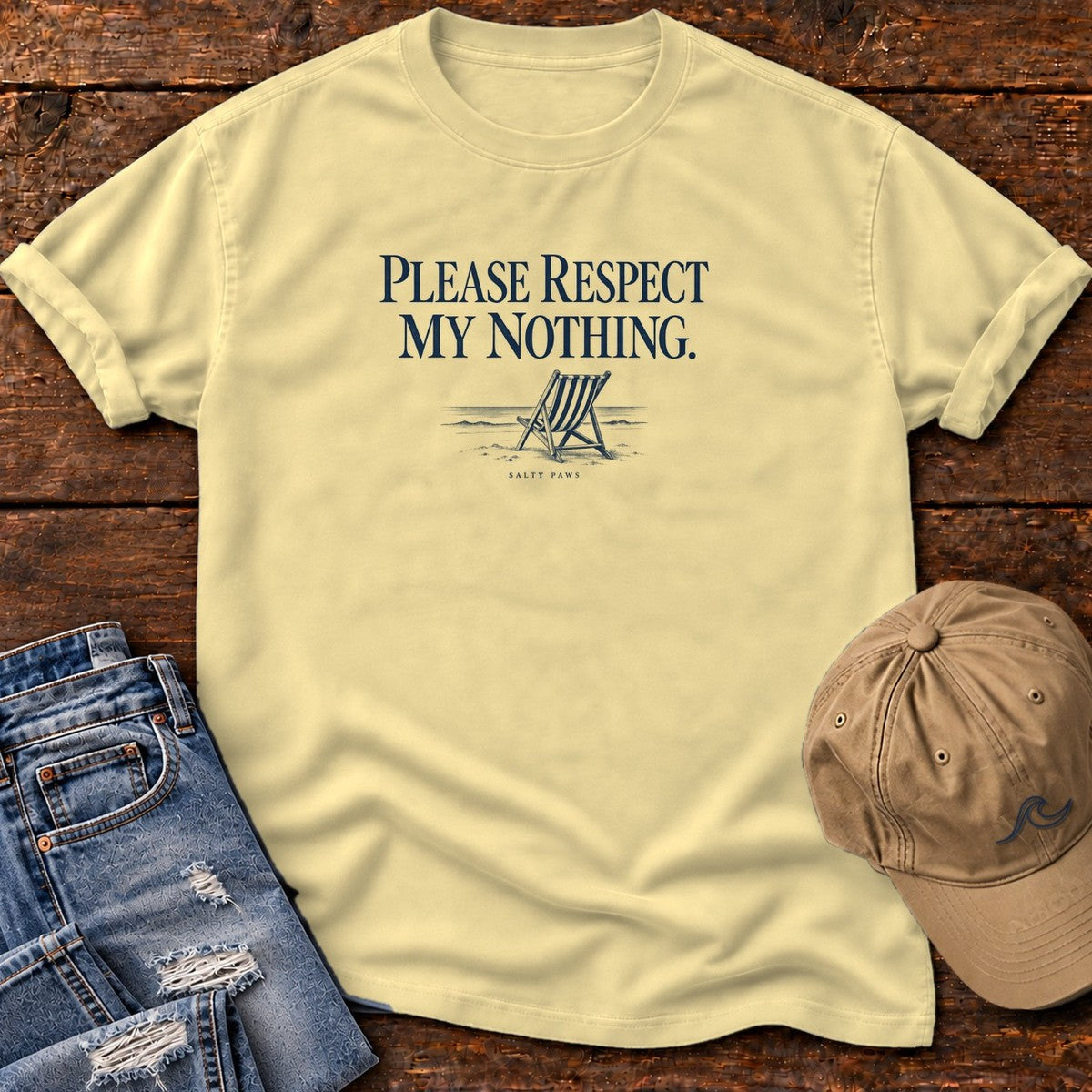 Please Respect My Nothing Beach Chair T-Shirt in Butter, Salty Paws Comfort Colors T-Shirt, front design flat lay