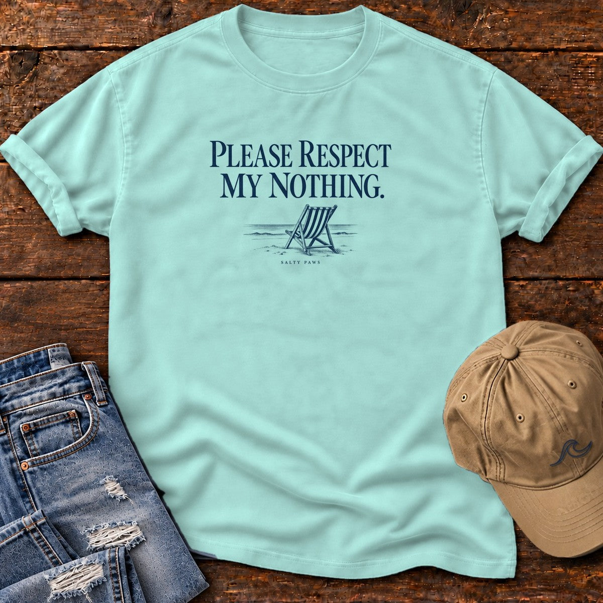 Please Respect My Nothing Beach Chair T-Shirt in Chalky Mint, Salty Paws Comfort Colors T-Shirt, front design flat lay