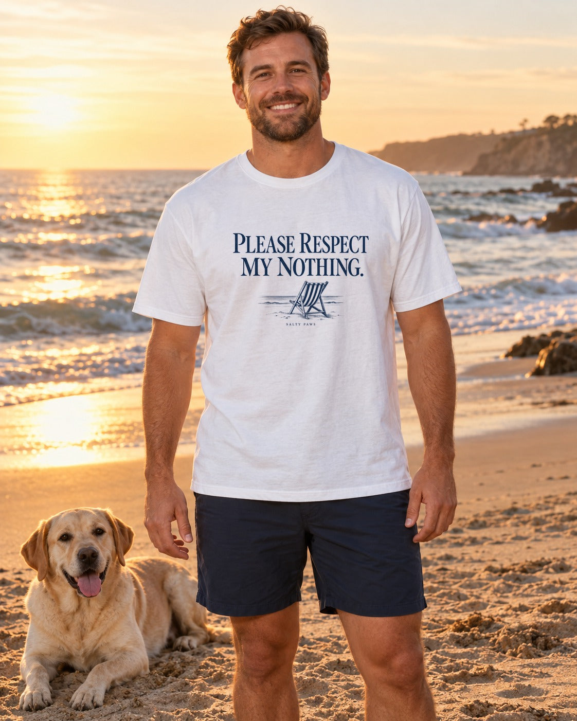 Please Respect My Nothing Beach Chair T-Shirt in White, worn by a model, Salty Paws front design