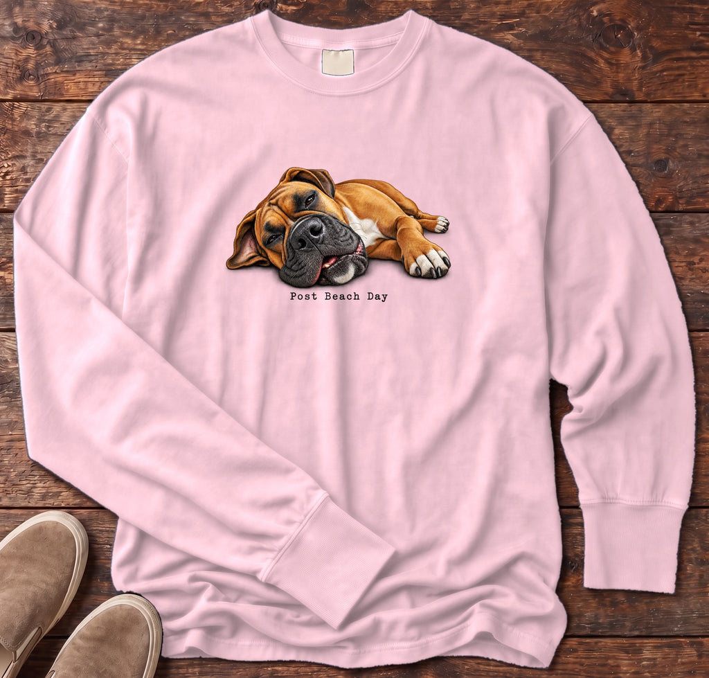Post Beach Day Boxer Long Sleeve Tee Comfort Colors in Blossom, Salty Paws Comfort Colors Long Sleeve Tee, front design flat lay