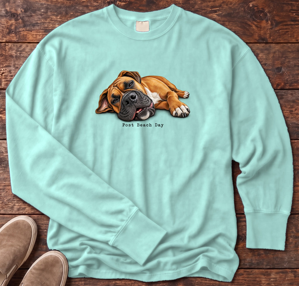 Post Beach Day Boxer Long Sleeve Tee Comfort Colors in Chalky Mint, Salty Paws Comfort Colors Long Sleeve Tee, front design flat lay