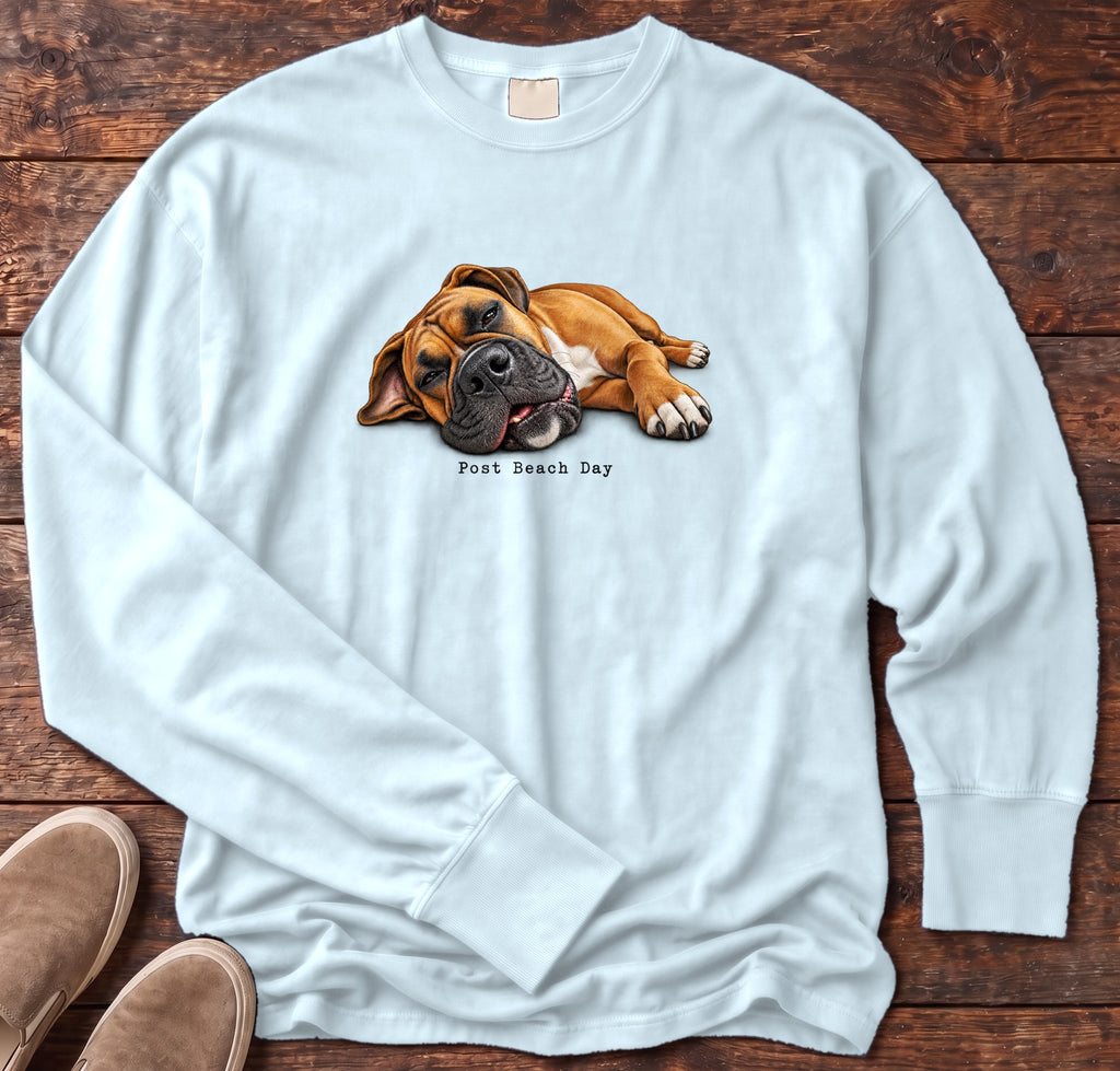 Post Beach Day Boxer Long Sleeve Tee Comfort Colors in Chambray, Salty Paws Comfort Colors Long Sleeve Tee, front design flat lay