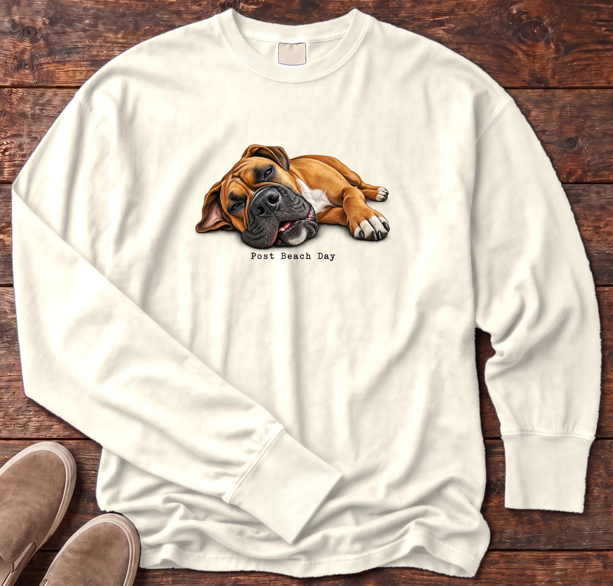 Post Beach Day Boxer Long Sleeve Tee Comfort Colors in Ivory, Salty Paws Comfort Colors Long Sleeve Tee, front design flat lay