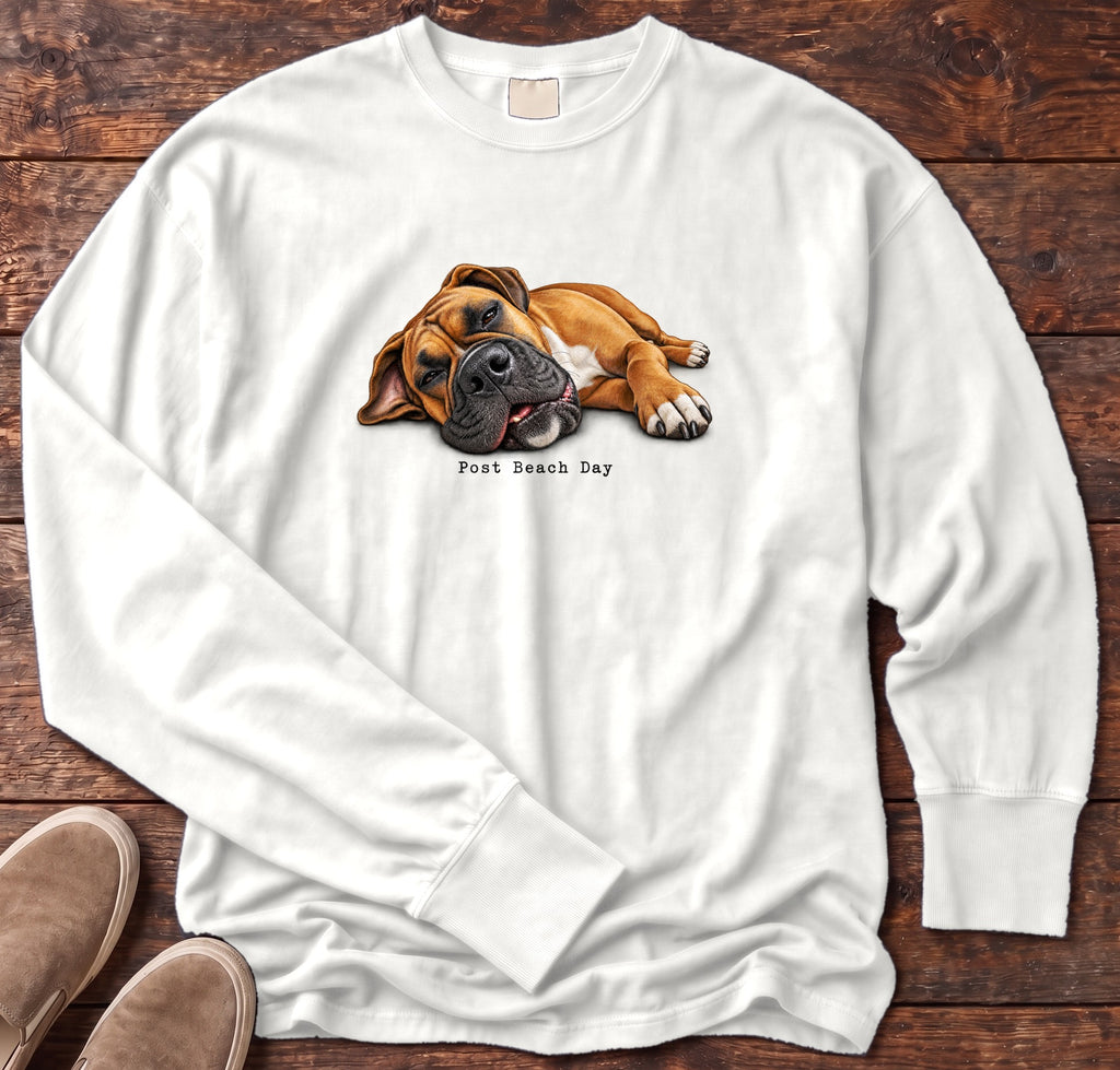 Post Beach Day Boxer Long Sleeve Tee Comfort Colors in White, Salty Paws Comfort Colors Long Sleeve Tee, front design flat lay