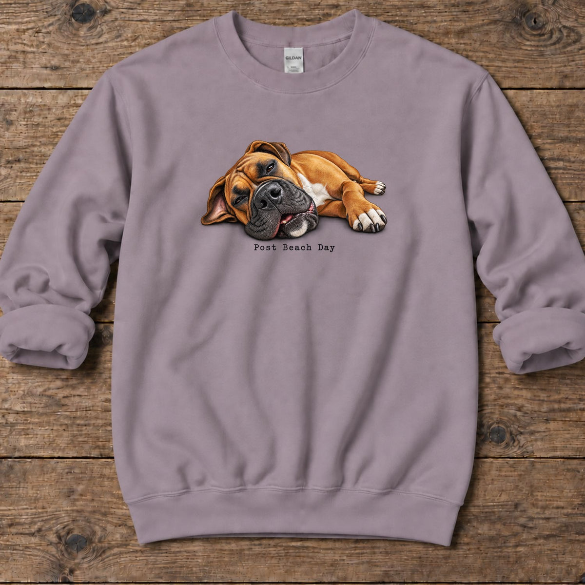 Post Beach Day Boxer Midweight Sweatshirt in Paragon, Salty Paws Midweight Sweatshirt, front design flat lay