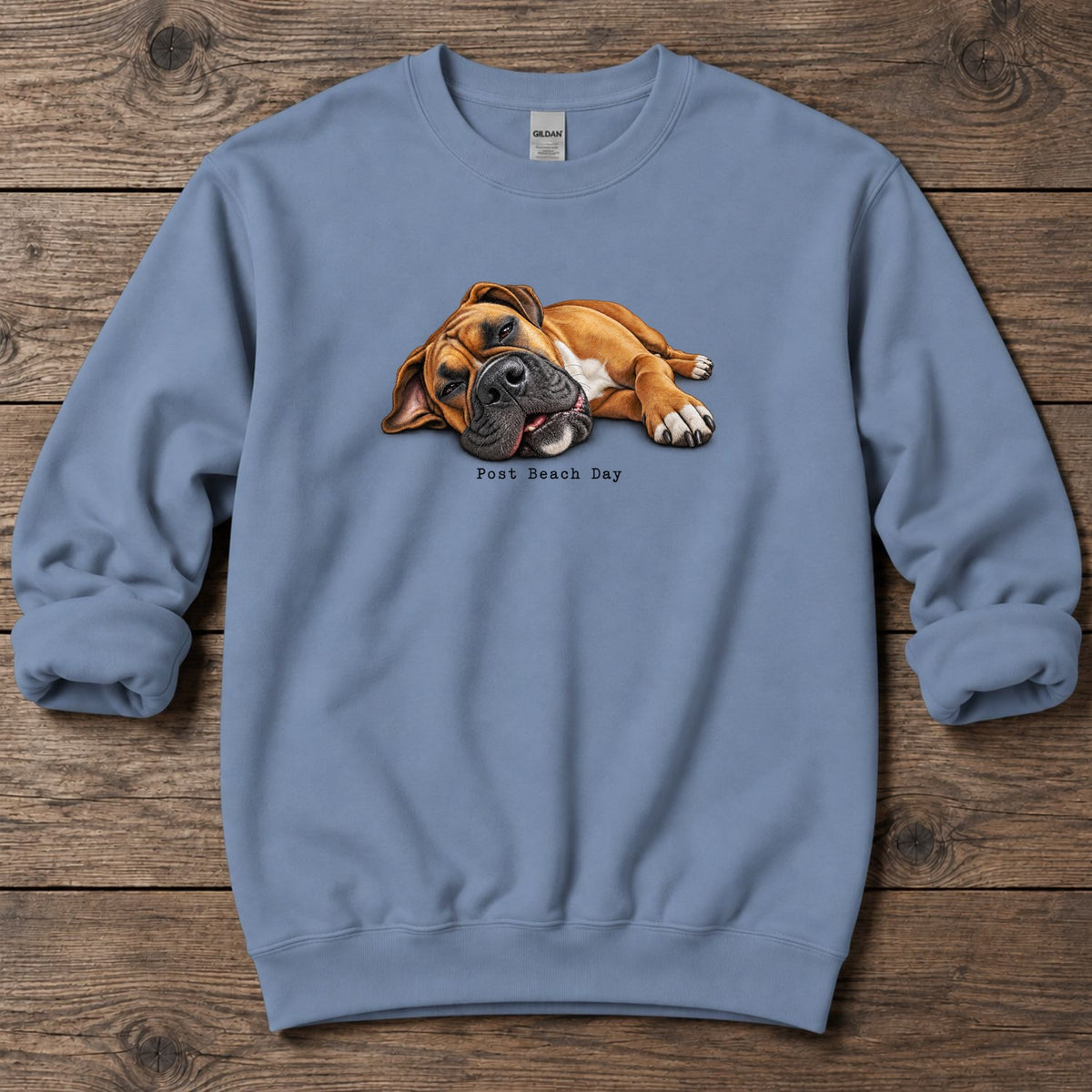 Post Beach Day Boxer Midweight Sweatshirt in Stone Blue, Salty Paws Midweight Sweatshirt, front design flat lay