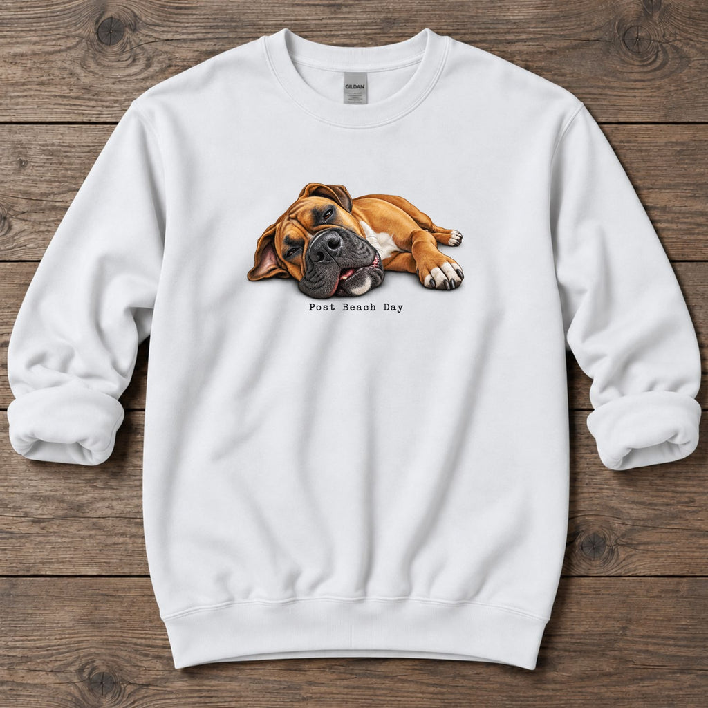 Post Beach Day Boxer Midweight Sweatshirt in White, Salty Paws Midweight Sweatshirt, front design flat lay