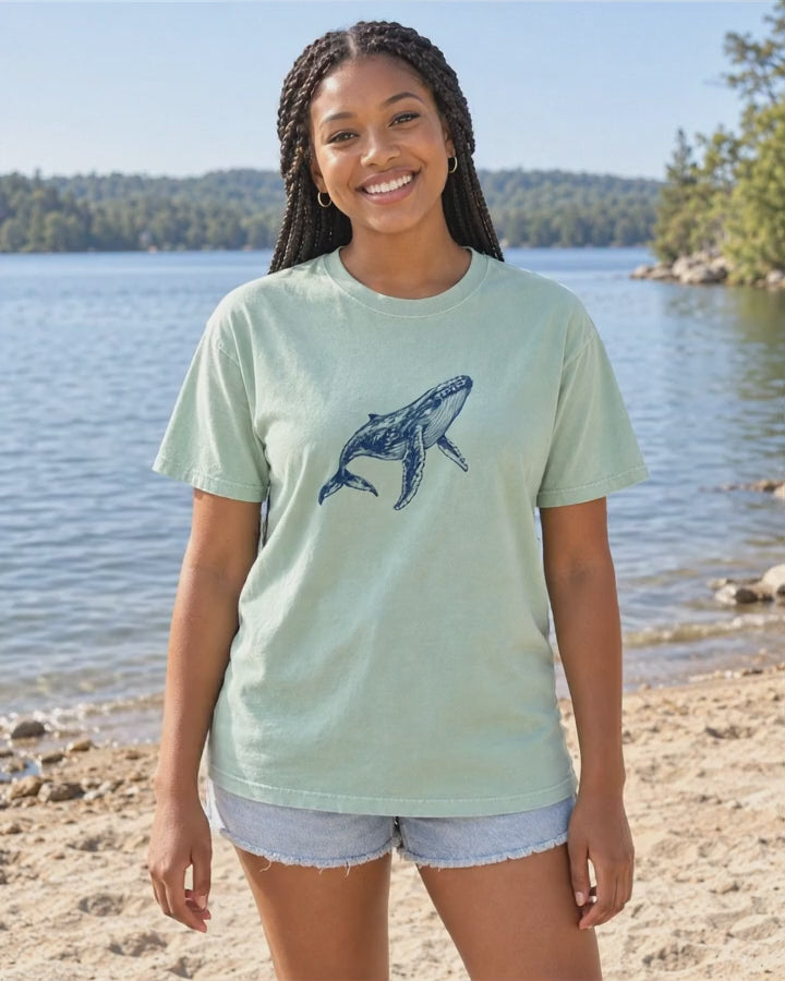 Humpback Whale T-Shirt Comfort Colors in Chalky Mint worn by a model, short video
