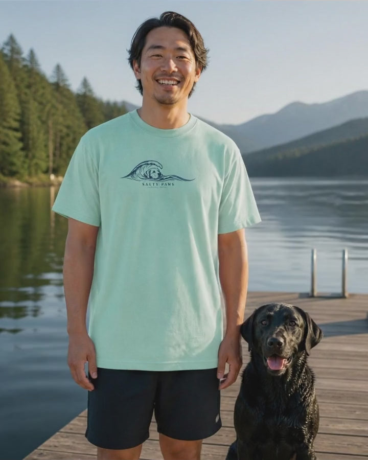 Labrador Wave T-Shirt Comfort Colors in Chalky Mint worn by a model with a black Lab, short video