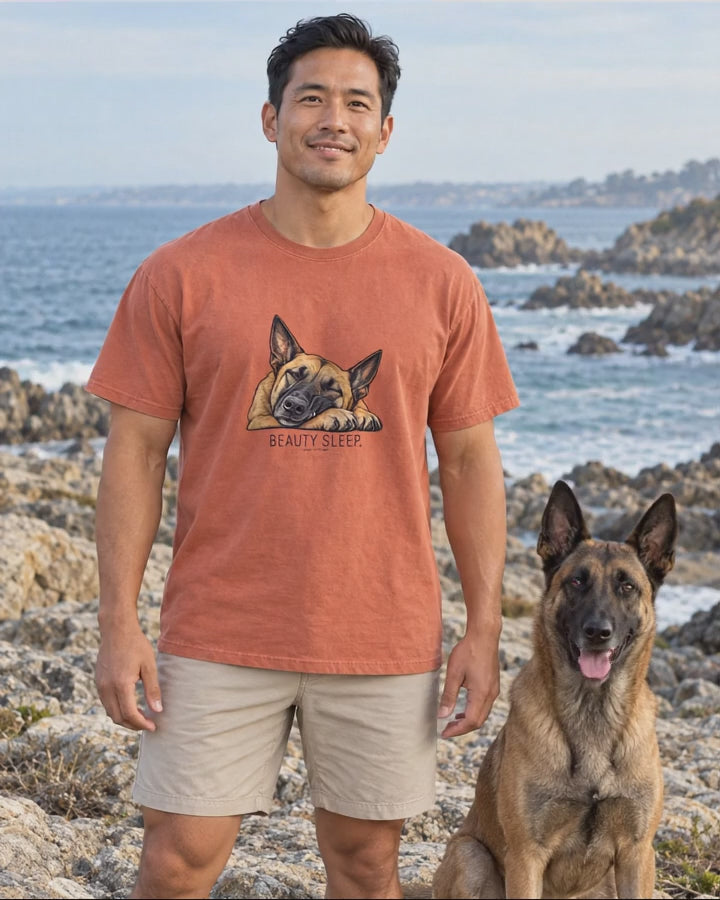 Beauty Sleep Belgian Malinois T-Shirt in Terracotta worn on a rocky coast with a Belgian Malinois, Salty Paws Comfort Colors T-Shirt