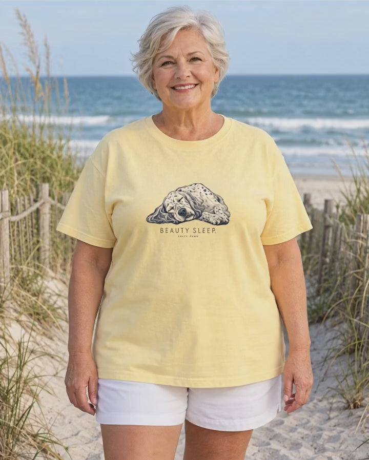 Beauty Sleep English Setter T-Shirt in Butter worn on a beach dune path, Salty Paws Comfort Colors T-Shirt