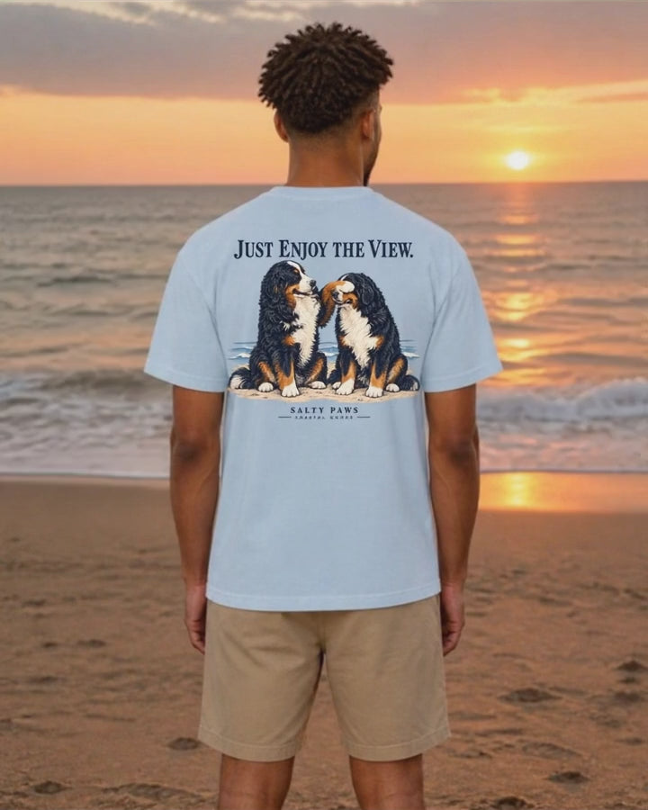 Just Enjoy the View Bernese Back Design T-Shirt Comfort Colors in Chambray worn by a model, back view, short video