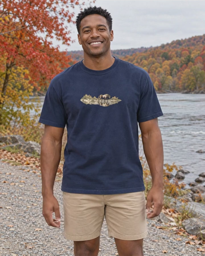 Assateague Pony T-Shirt Comfort Colors in True Navy worn by a model, short video