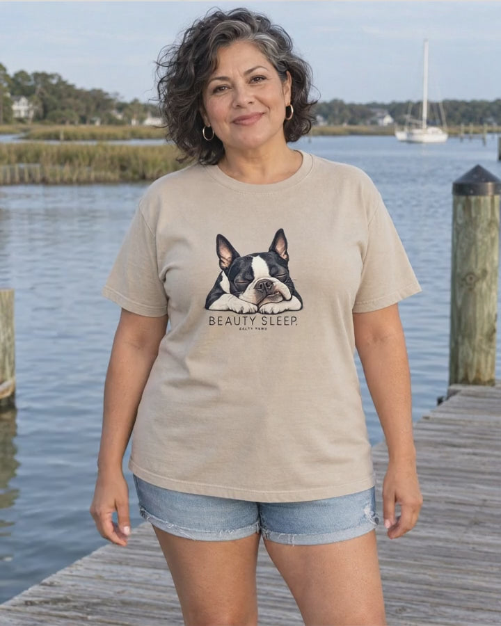 Beauty Sleep Boston Terrier T-Shirt in Sand worn on a marina dock, Salty Paws T-Shirt