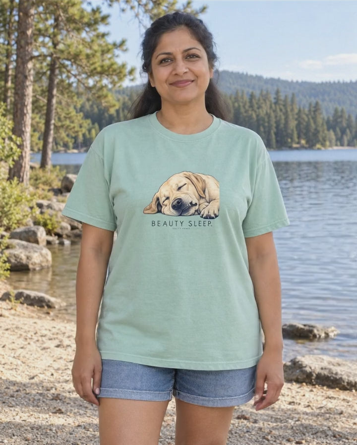 Beauty Sleep Labrador T-Shirt in Chalky Mint worn by a lake, Salty Paws Comfort Colors T-Shirt