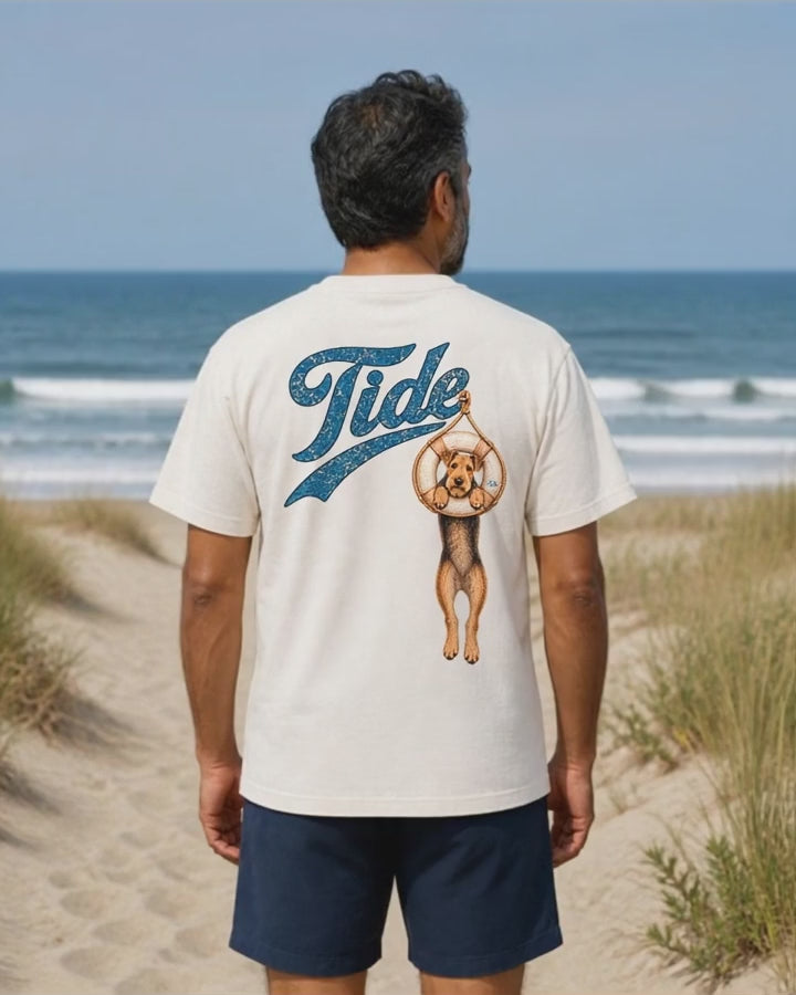 Tide Airedale Back Design T-Shirt Comfort Colors in Ivory worn by a model, back view, short video