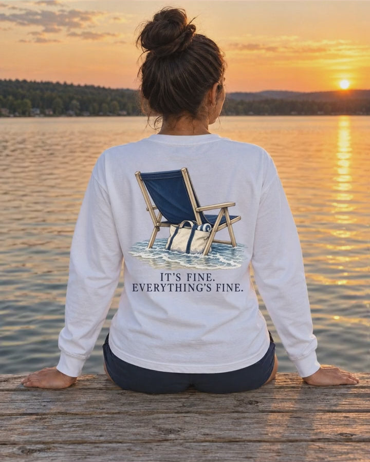 Everything's Fine Beach Chair Back Design Long Sleeve Tee in White worn by a model, back view, short video