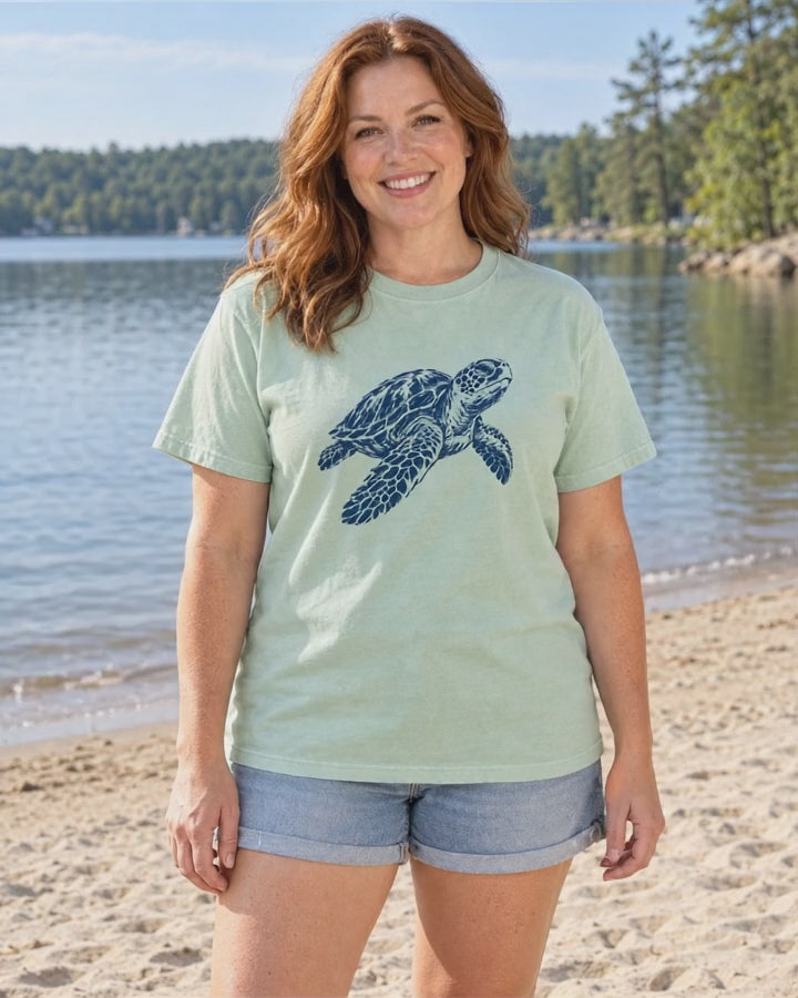 Sea Turtle T-Shirt Comfort Colors in Chalky Mint worn by a model, short video