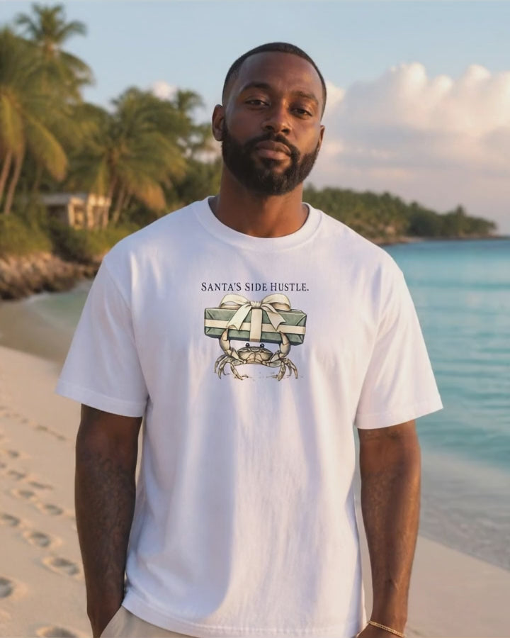 Santa's Side Hustle Crab T-Shirt in White worn by a model, short video