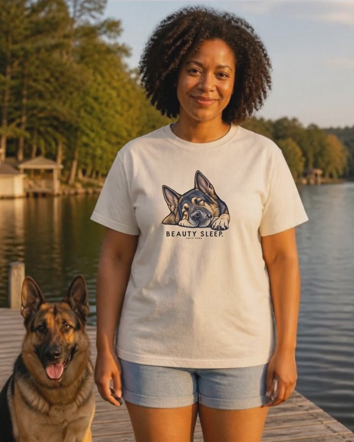 Beauty Sleep German Shepherd T-Shirt in Ivory worn on a lake dock with a German shepherd, Salty Paws Comfort Colors T-Shirt