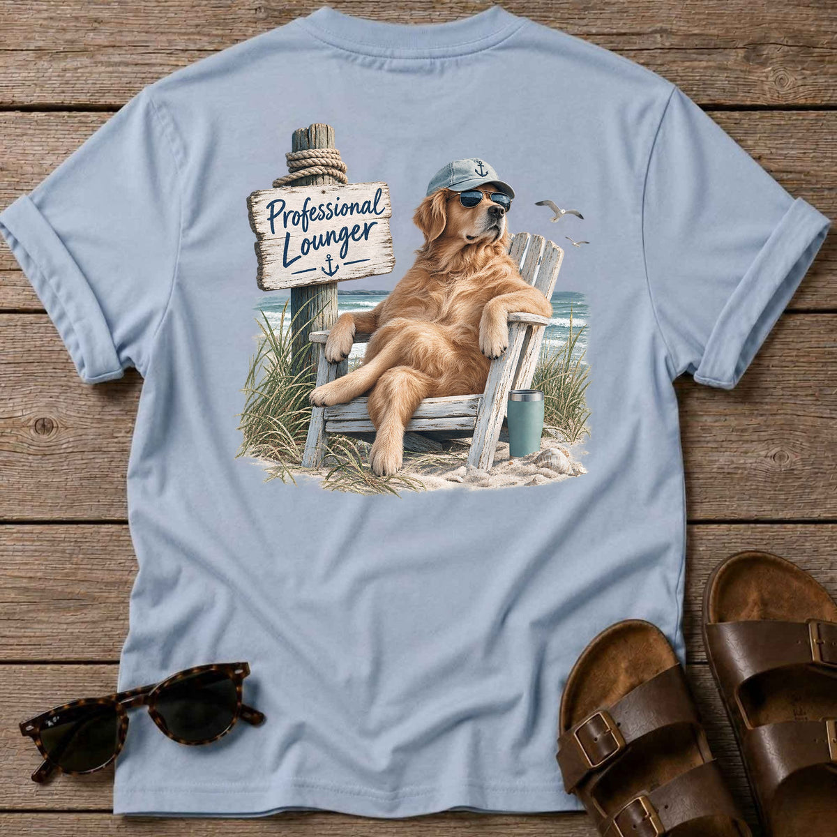 Professional Lounger Back Design T-Shirt in Light Blue, Salty Paws coastal t-shirt