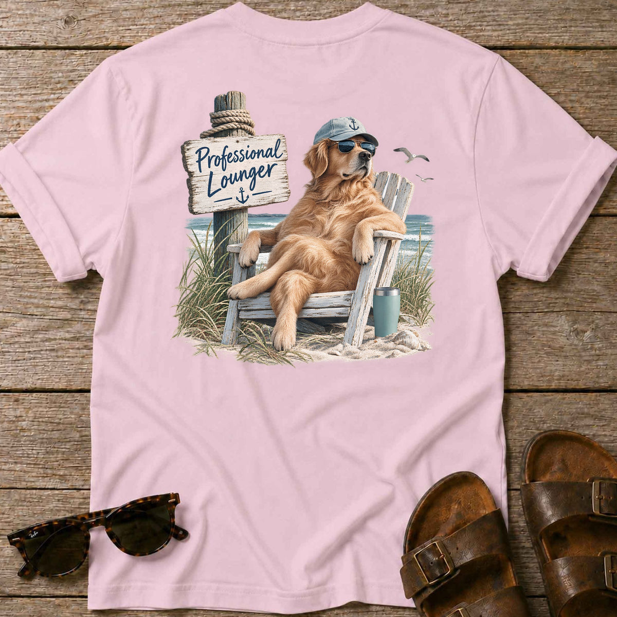 Professional Lounger Back Design T-Shirt in Light Pink, Salty Paws coastal t-shirt
