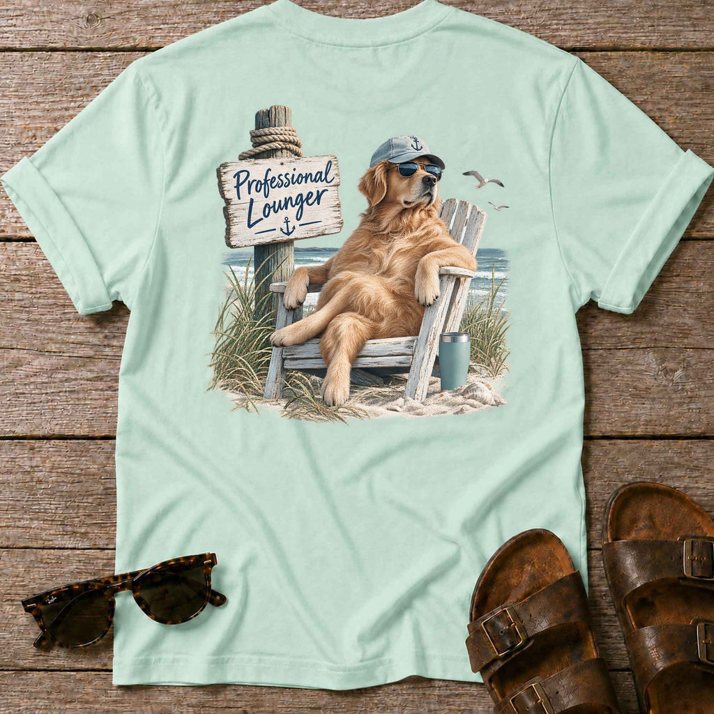 Professional Lounger Back Design T-Shirt in Mint Green, Salty Paws coastal t-shirt