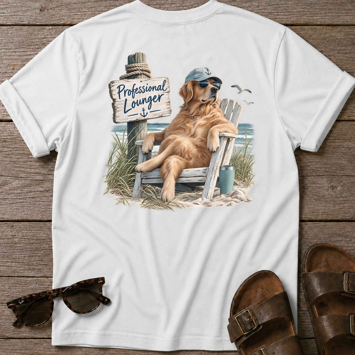 Professional Lounger Back Design T-Shirt in White, Salty Paws coastal t-shirt