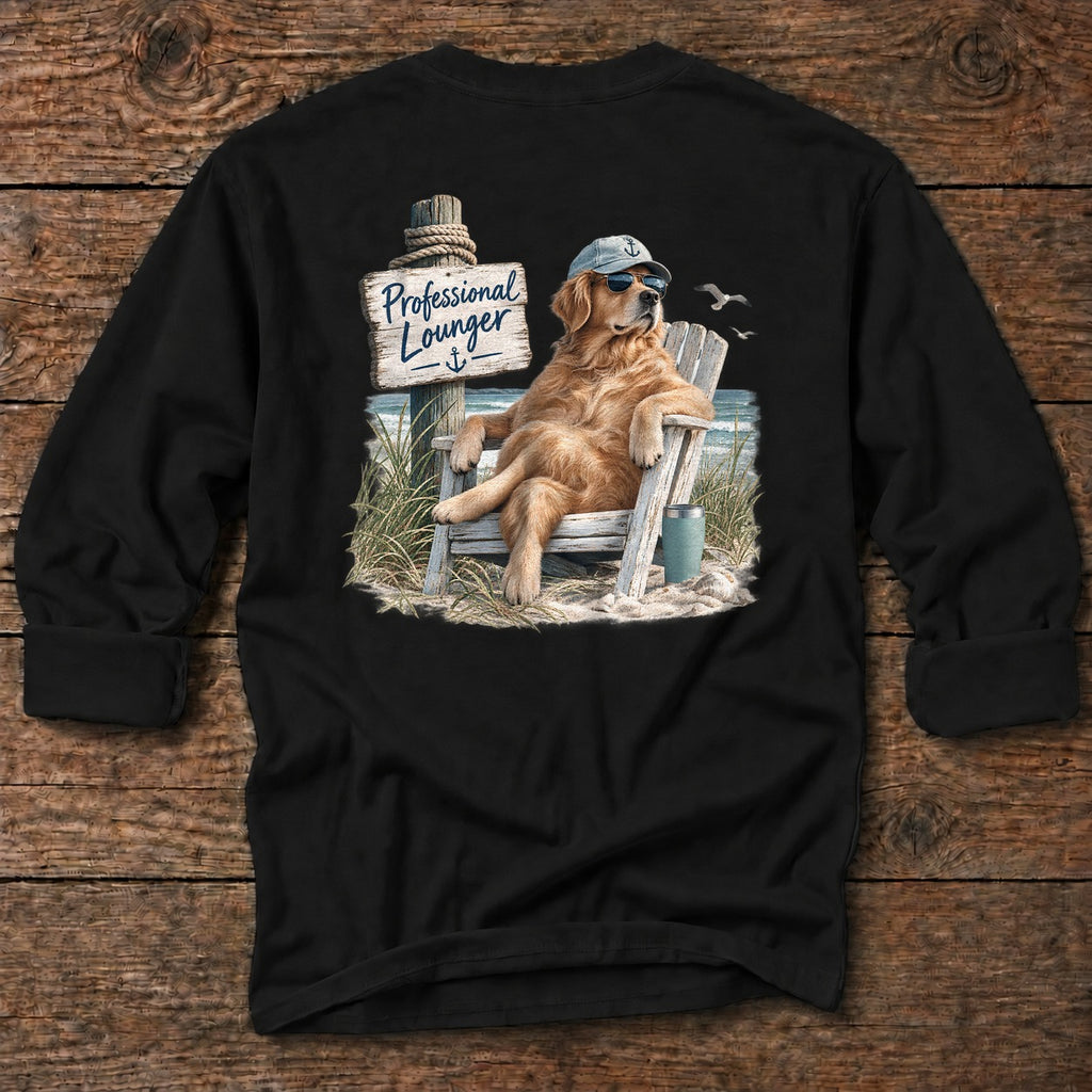 Professional Lounger Back Design Long Sleeve Tee in Black, Salty Paws coastal tee
