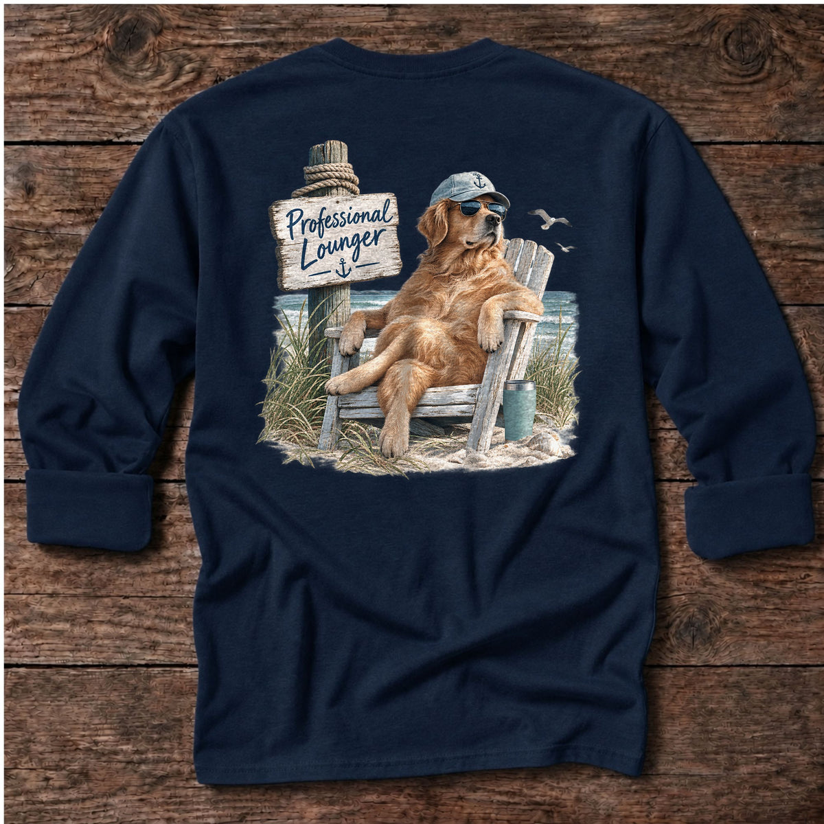 Professional Lounger Back Design Long Sleeve Tee in Dark Navy, Salty Paws coastal tee