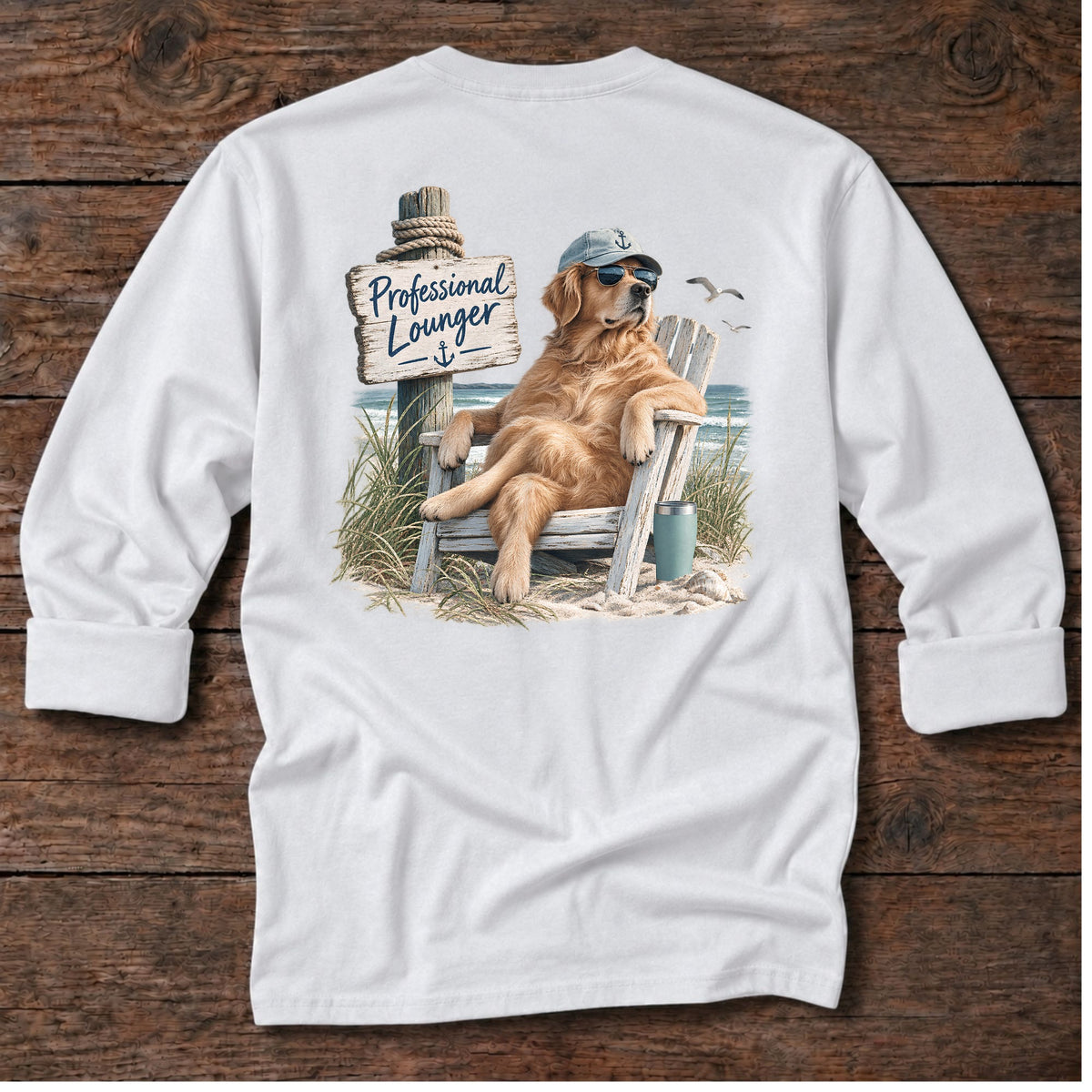 Professional Lounger Back Design Long Sleeve Tee in White, Salty Paws coastal tee