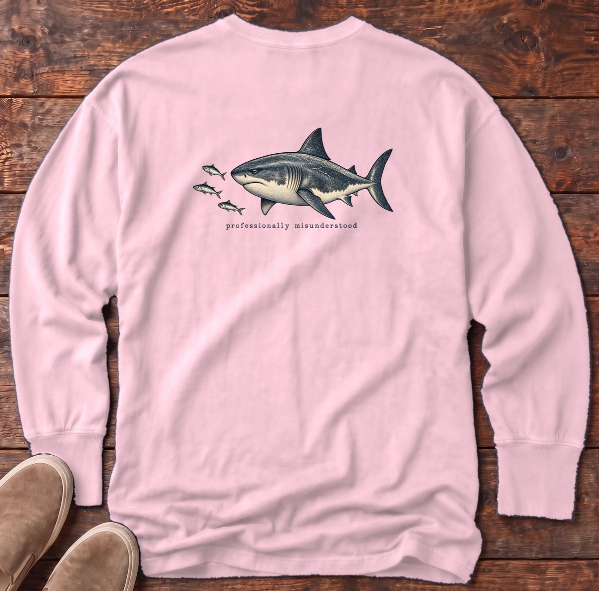 Professionally Misunderstood Shark Back Design Long Sleeve Tee Comfort Colors in Blossom, Salty Paws Comfort Colors Long Sleeve Tee, back design flat lay