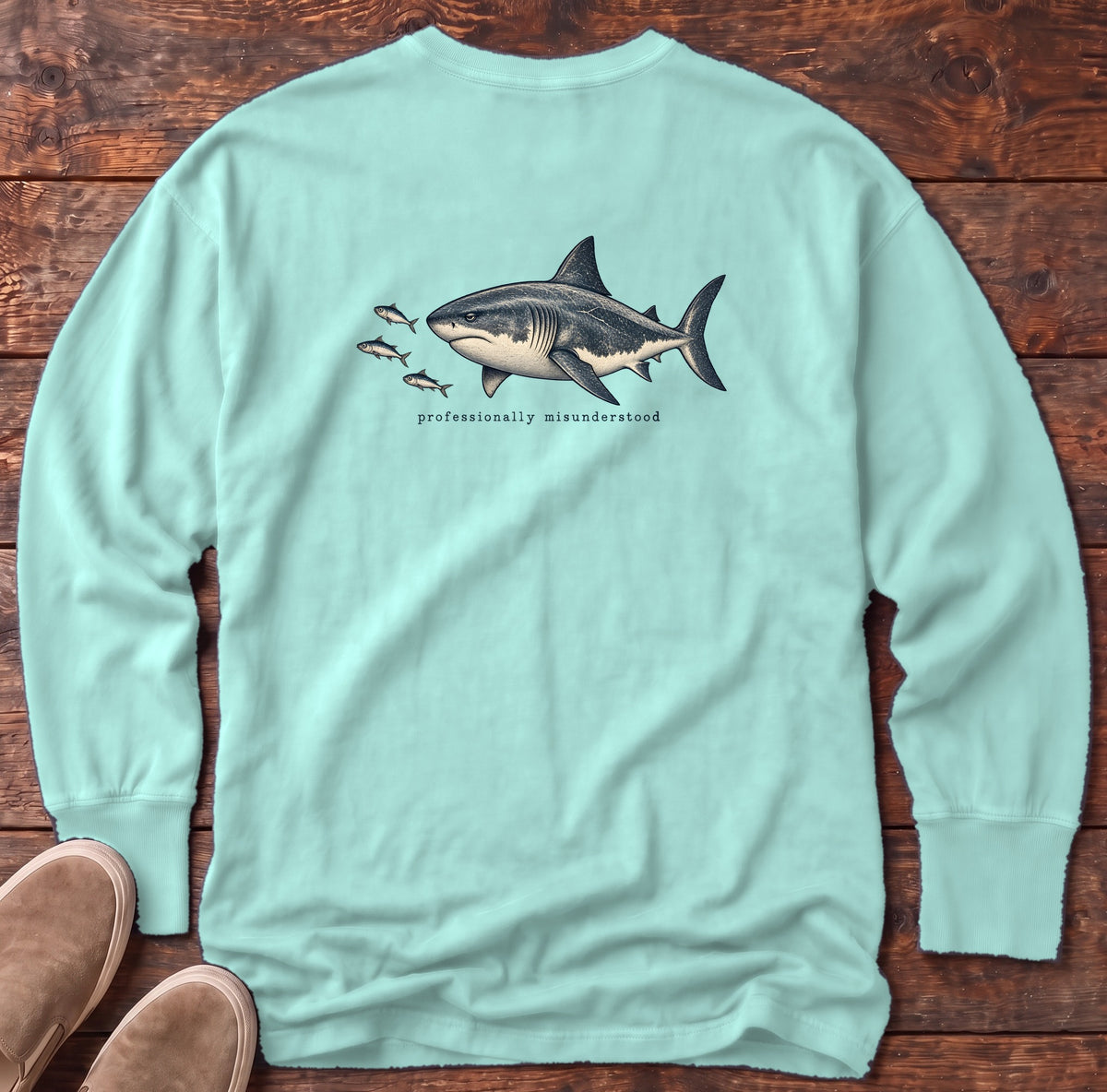 Professionally Misunderstood Shark Back Design Long Sleeve Tee Comfort Colors in Chalky Mint, Salty Paws Comfort Colors Long Sleeve Tee, back design flat lay