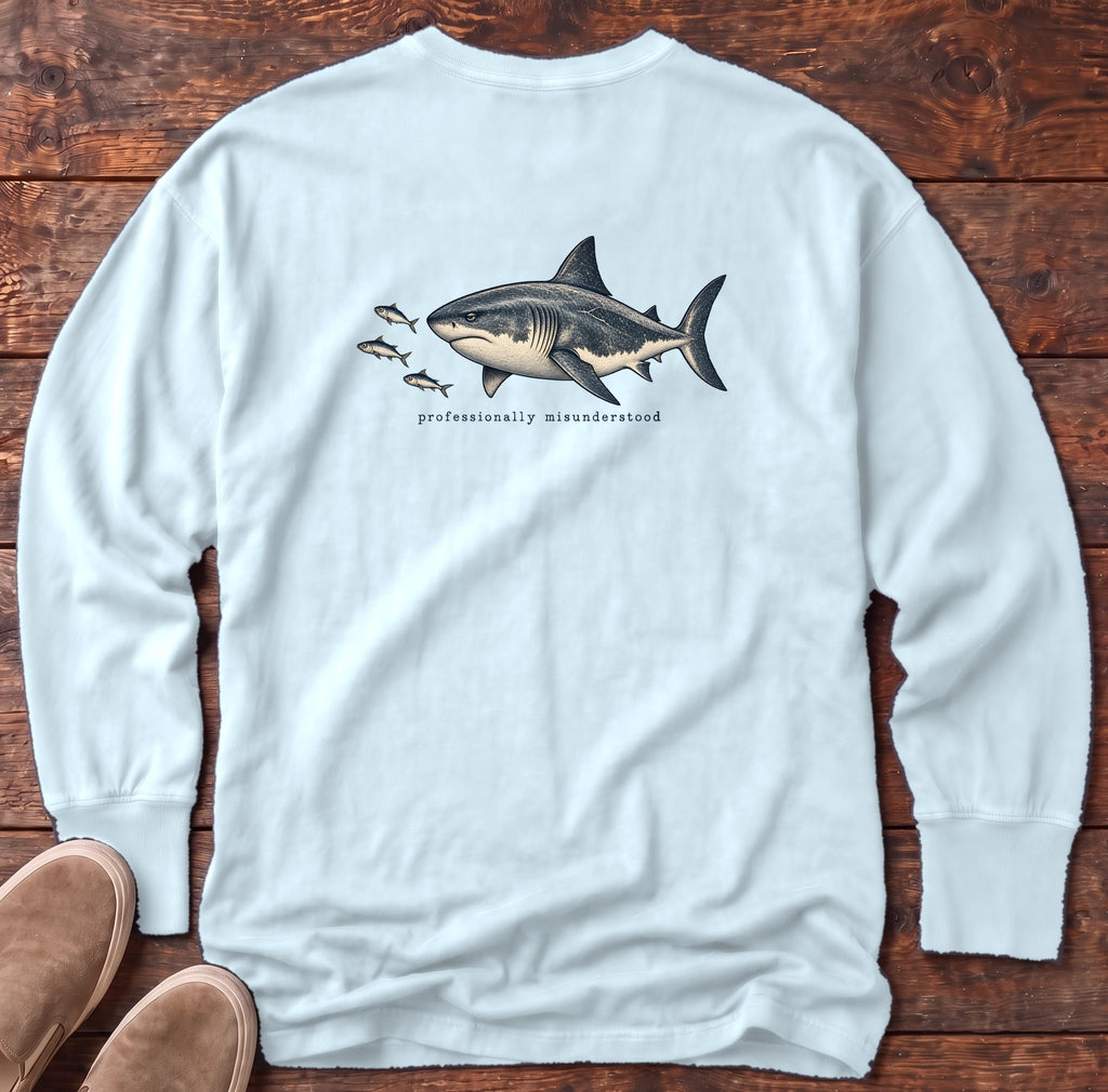 Professionally Misunderstood Shark Back Design Long Sleeve Tee Comfort Colors in Chambray, Salty Paws Comfort Colors Long Sleeve Tee, back design flat lay