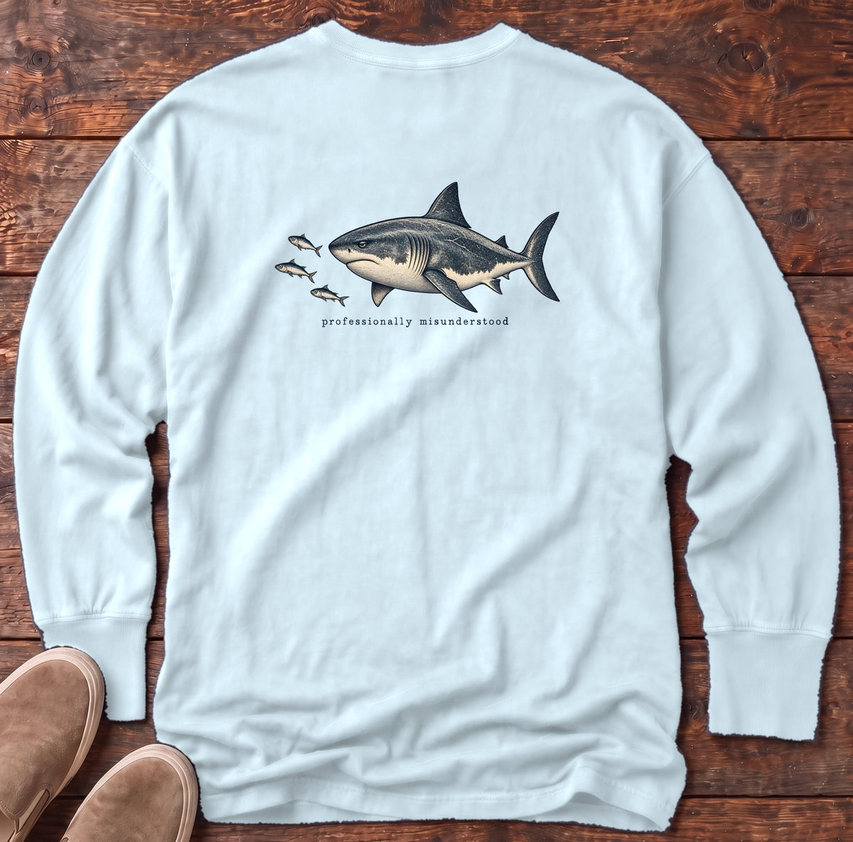 Professionally Misunderstood Shark Back Design Long Sleeve Tee Comfort Colors in Chambray, Salty Paws Comfort Colors Long Sleeve Tee, back design flat lay