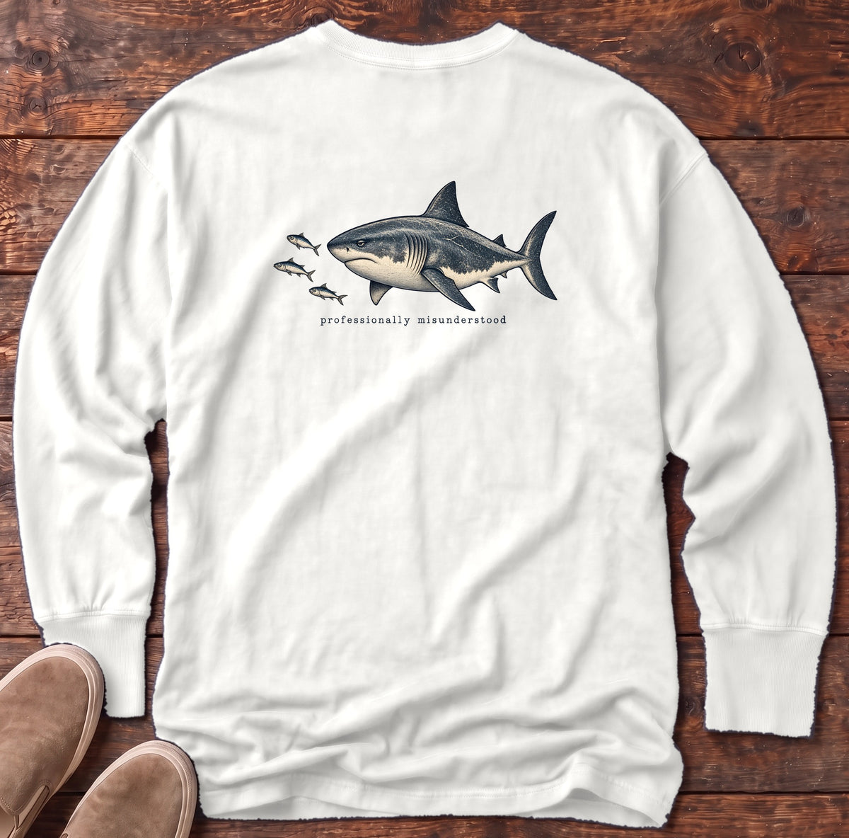 Professionally Misunderstood Shark Back Design Long Sleeve Tee Comfort Colors in White, Salty Paws Comfort Colors Long Sleeve Tee, back design flat lay