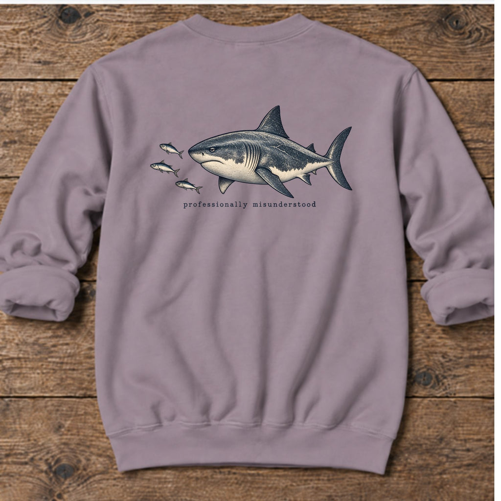 Professionally Misunderstood Shark Back Design Midweight Sweatshirt in Paragon, Salty Paws Midweight Sweatshirt, back design flat lay