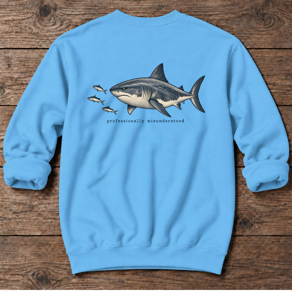 Professionally Misunderstood Shark Back Design Midweight Sweatshirt in Sky, Salty Paws Midweight Sweatshirt, back design flat lay