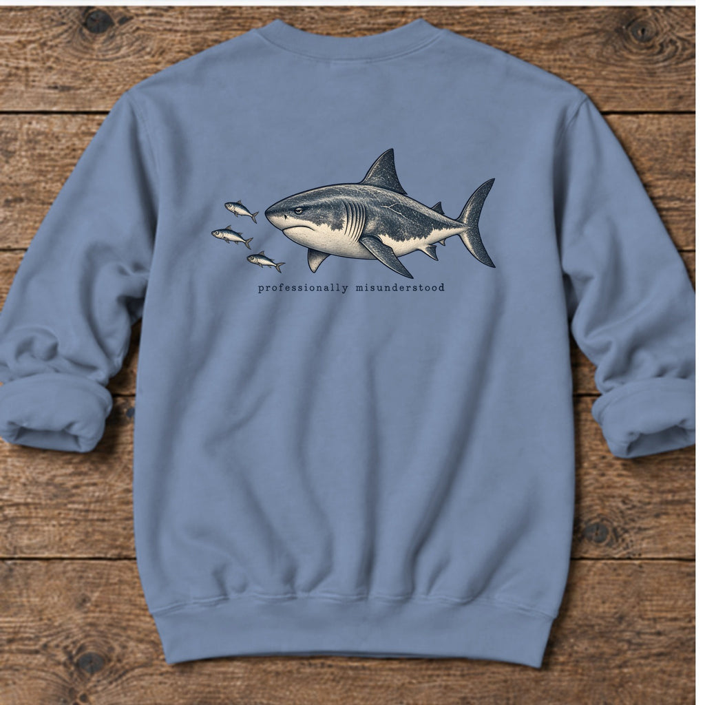 Professionally Misunderstood Shark Back Design Midweight Sweatshirt in Stone Blue, Salty Paws Midweight Sweatshirt, back design flat lay