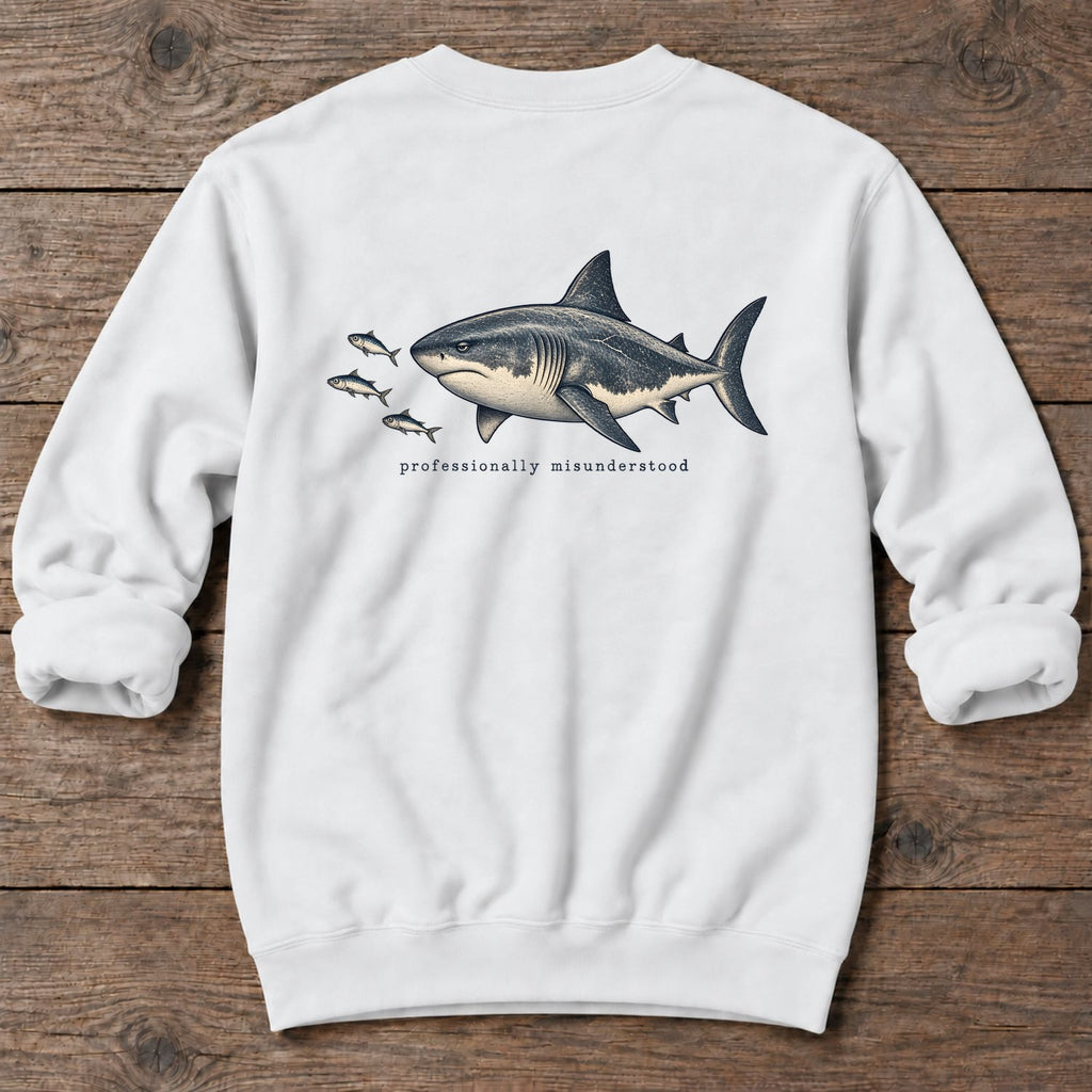 Professionally Misunderstood Shark Back Design Midweight Sweatshirt in White, Salty Paws Midweight Sweatshirt, back design flat lay