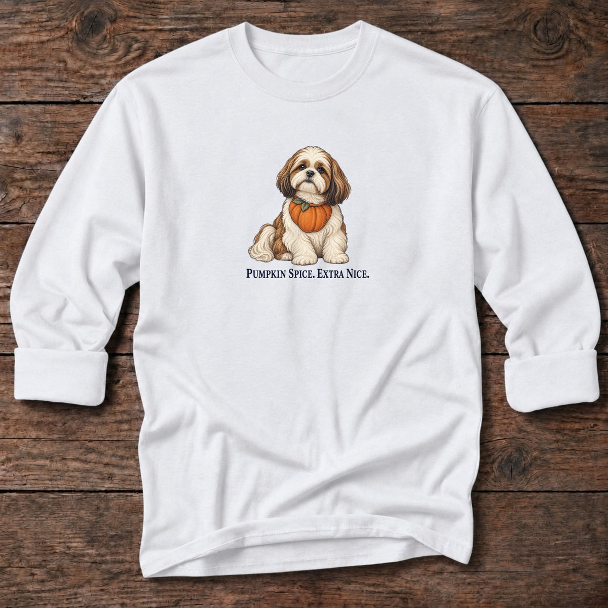 Pumpkin Spice Extra Nice Shih Tzu Long T-Shirt in White, Salty Paws coastal long sleeve tee