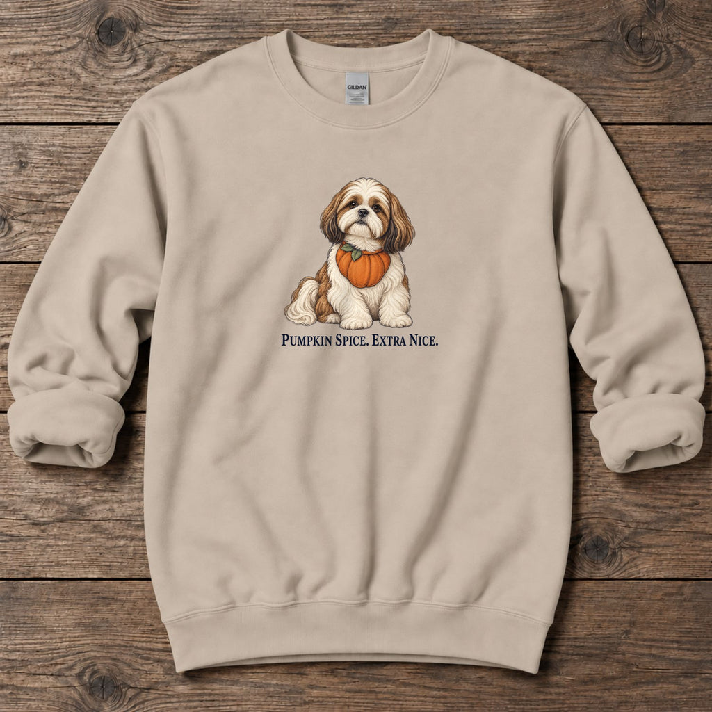 Pumpkin Spice Extra Nice Shih Tzu Midweight Sweatshirt in Sand, Salty Paws coastal sweatshirt