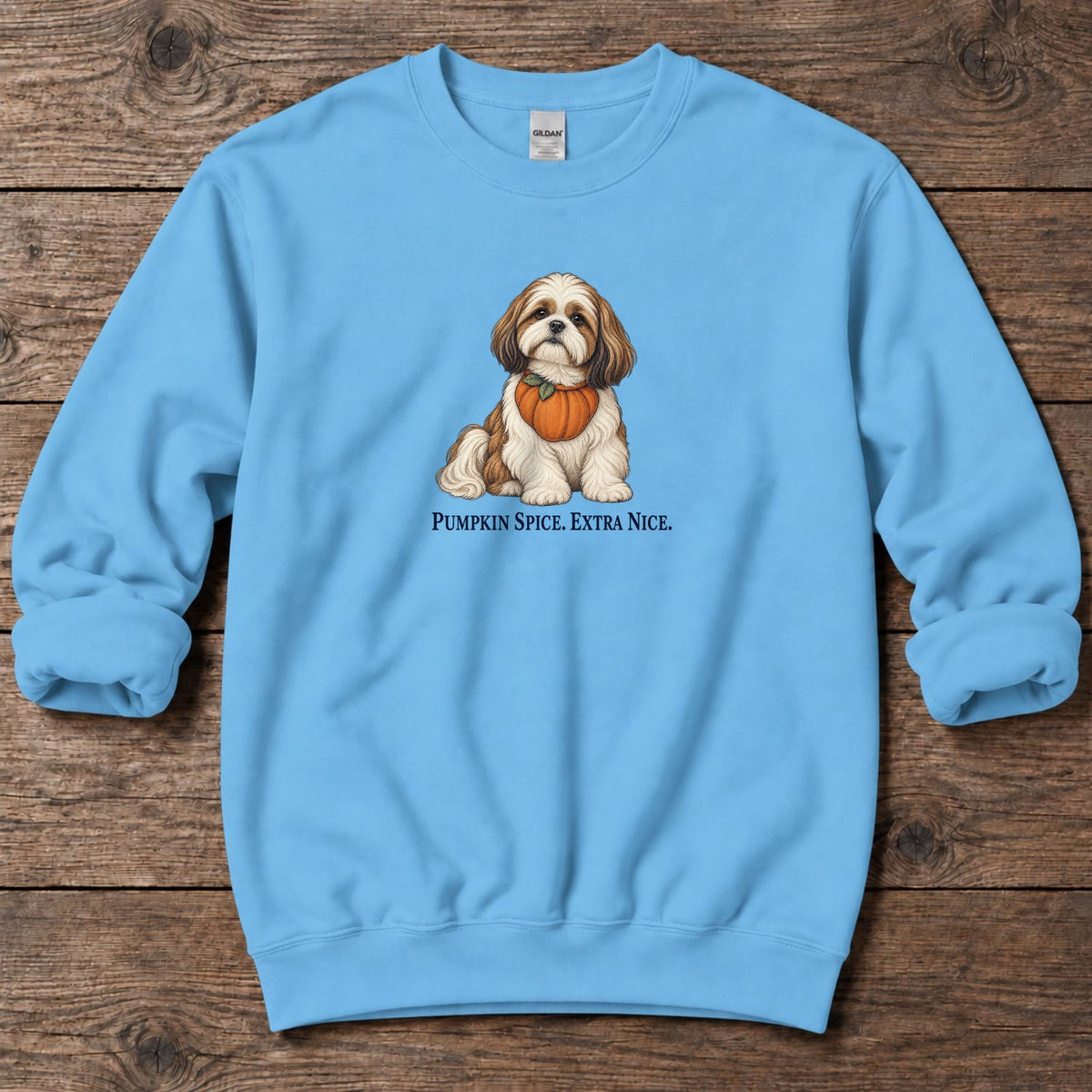 Pumpkin Spice Extra Nice Shih Tzu Midweight Sweatshirt in Sky, Salty Paws coastal sweatshirt