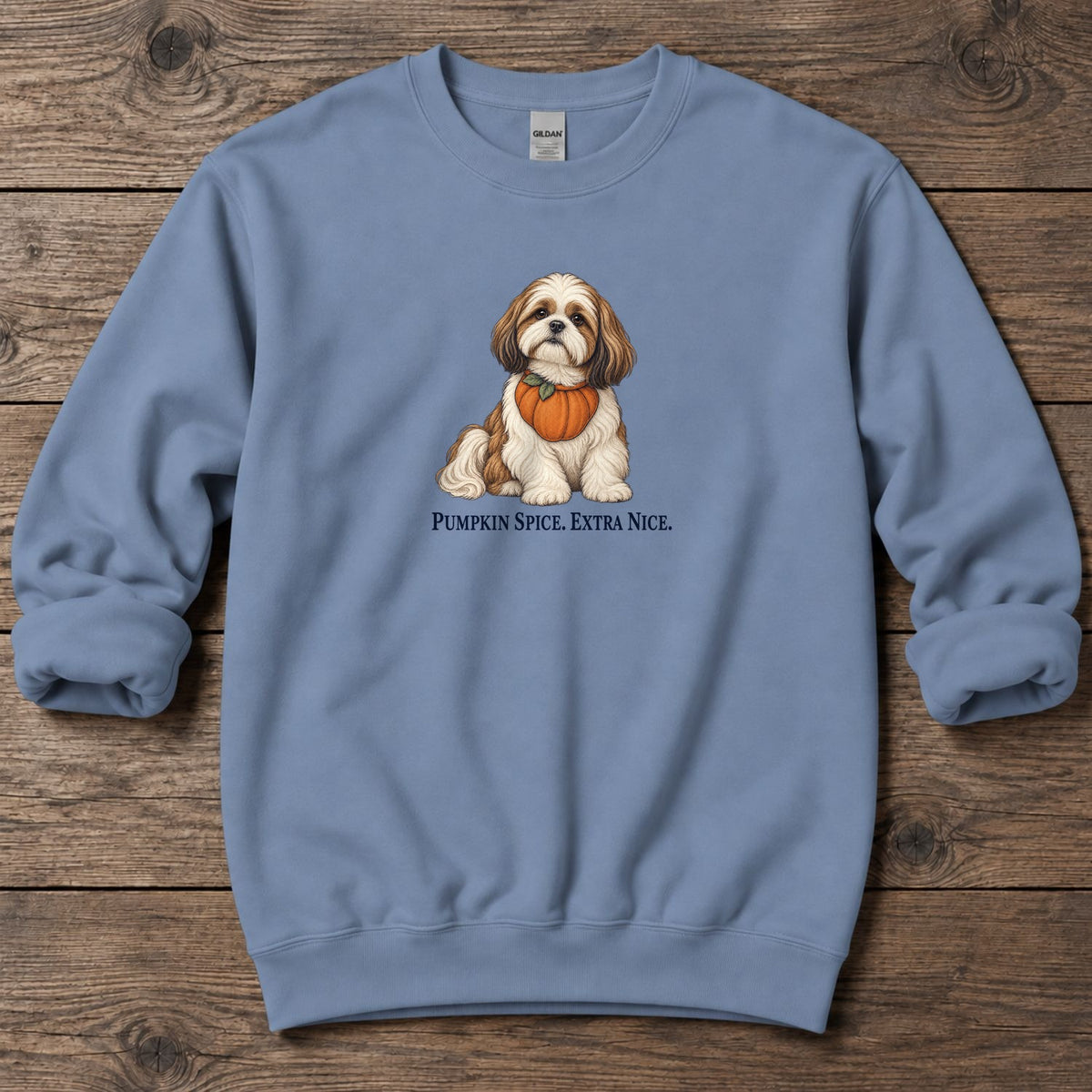 Pumpkin Spice Extra Nice Shih Tzu Midweight Sweatshirt in Stone Blue, Salty Paws coastal sweatshirt