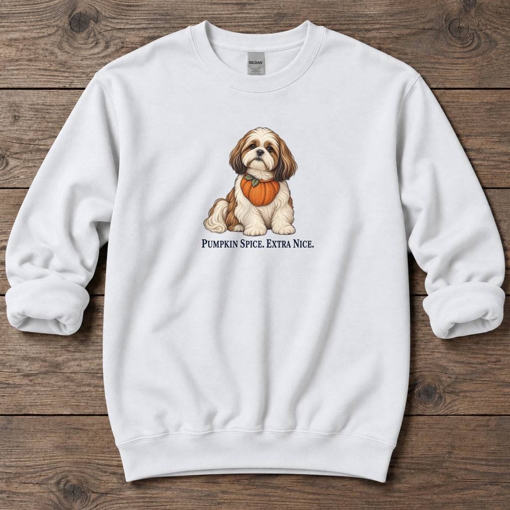 Pumpkin Spice Extra Nice Shih Tzu Midweight Sweatshirt in White, Salty Paws coastal sweatshirt